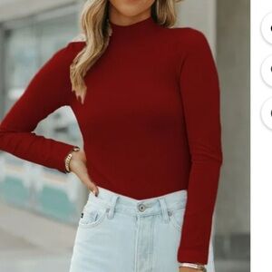 Long Sleeve Mock Neck Slim Ribbed Top - LARGE Wine Red. - NEW
